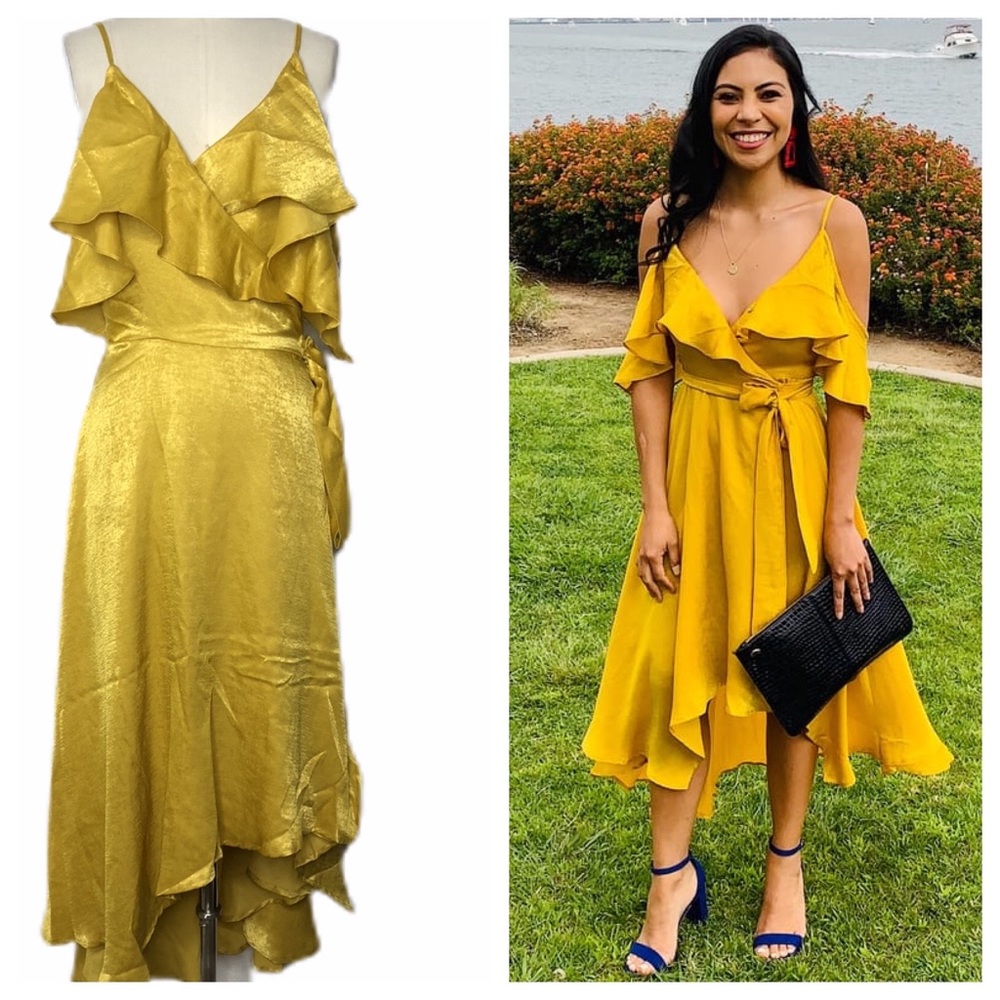 Lulus Layla Mustard Yellow Satin Wrap Dress. NEW - Picture 3 of 8